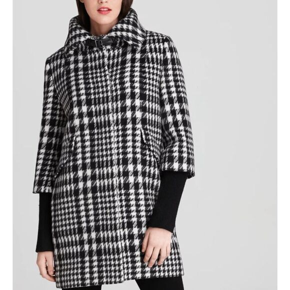 Cole Haan Houndstooth Cocoon Wool Blend Coat Black and White Size 4 - Picture 1 of 13